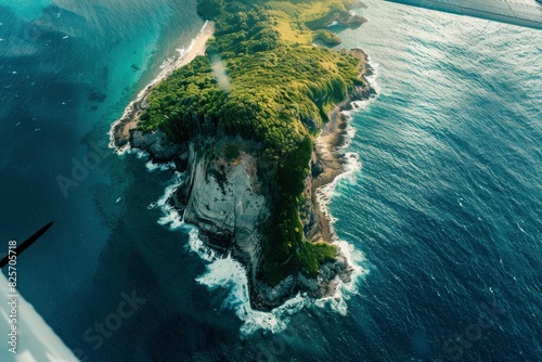 Captured from the bird's eye view of a plane, this photo reveals a solitary island nestled like a precious gem in the vast expanse of ocean. With its lush greenery kissing the shores - generative ai photo