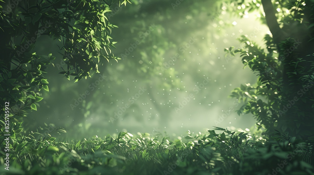 Fototapeta premium a forest of trees with green leaves and fog in the background, the sun shining through in a grainy, blurry style