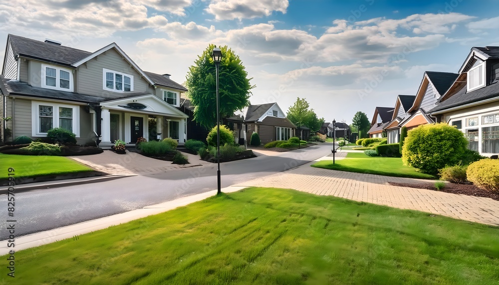an image of a peaceful suburban street with well-manicured lawns and cozy homes. an image of a peaceful suburban street with well-manicured lawns and cozy homes.