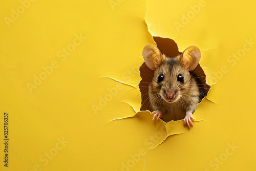 A small brown mouse is peeking out from a hole in a yellow wall © IOLA