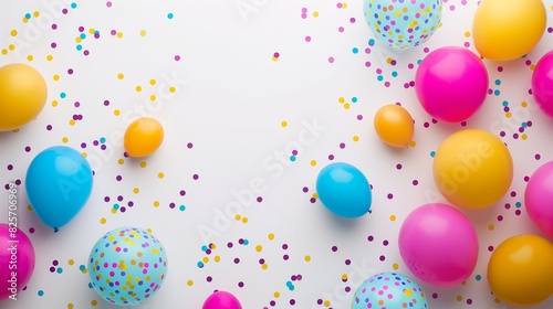 colorful balloons decoration at the corners of the white background with text copy space in the middle Circular Border of Balloons and Bushes Framing Text Space" 