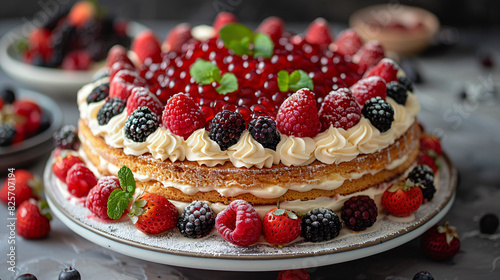 Sweet cake with cream fruits and jelly