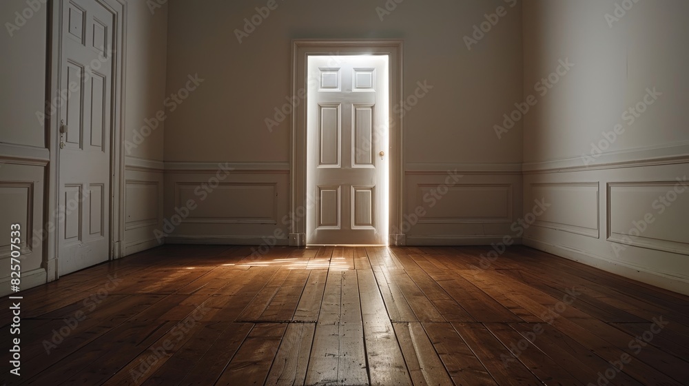 Fototapeta premium The scene captures an unfurnished room featuring only a door and a solid wooden floor 