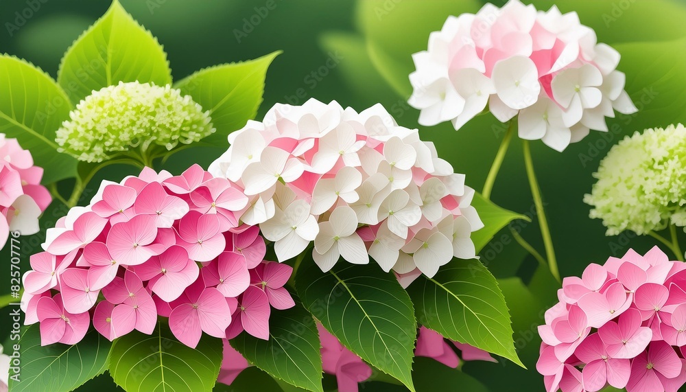 hydrangea flowers with pink and white petals and green leaves hydrangea flowers with pink and white petals and green leaves