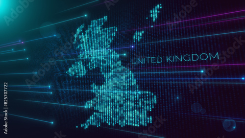 Abstract Futuristic Blue Violet Shiny Perspective Square Hud Particles Mosaic Grid And Text Of United Kingdom Region Map With Dotted Lines Light Flare