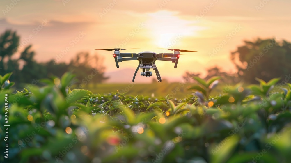 agriculture drone flying over green farm. generative ai