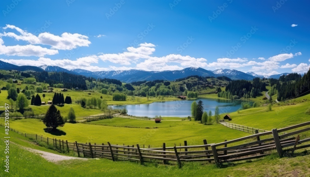 A stunning spring day landscaping views of fertile land surrounded beautiful green vegetation, wide stretches of hills and mountains with clear skies in spring