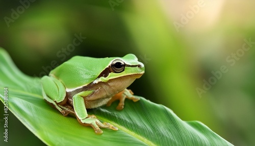 Tiny green frog on plant leaf in garden close up 