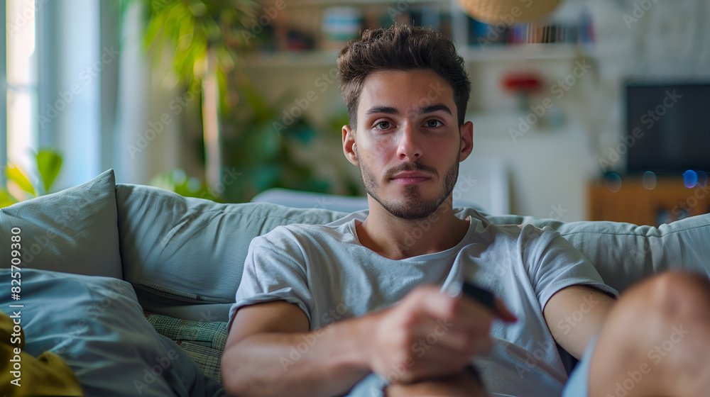 Young man sitting on couch and holding remote controller in hand Young man sitting on couch and holding remote controller in hand