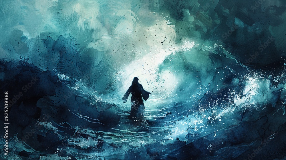 Jesus walking on water surrounded by stormy waves