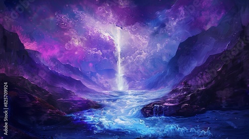 Jesus baptism in a futuristic river with neon water divine light from the heavens photo