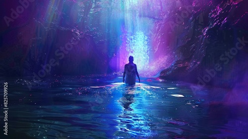 Jesus baptism in a futuristic river with neon water divine light from the heavens