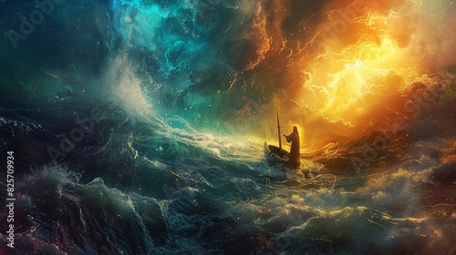 Jesus calming the storm with a futuristic ship glowing waves