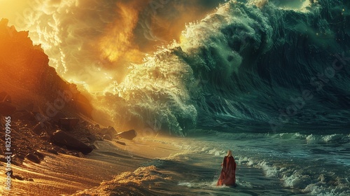 Moses parting the Red Sea with digital waves futuristic elements photo