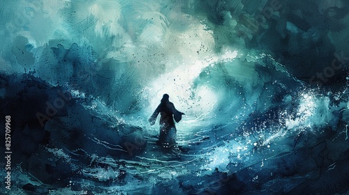 Jesus walking on water surrounded by stormy waves photo