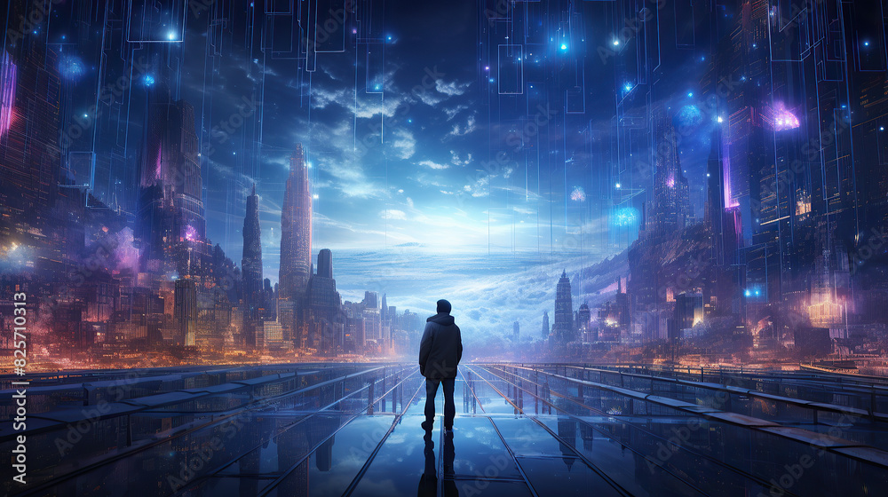 generated illustration  back view of silhouette of unrecognizable male character working with large screen in dark cyberspace