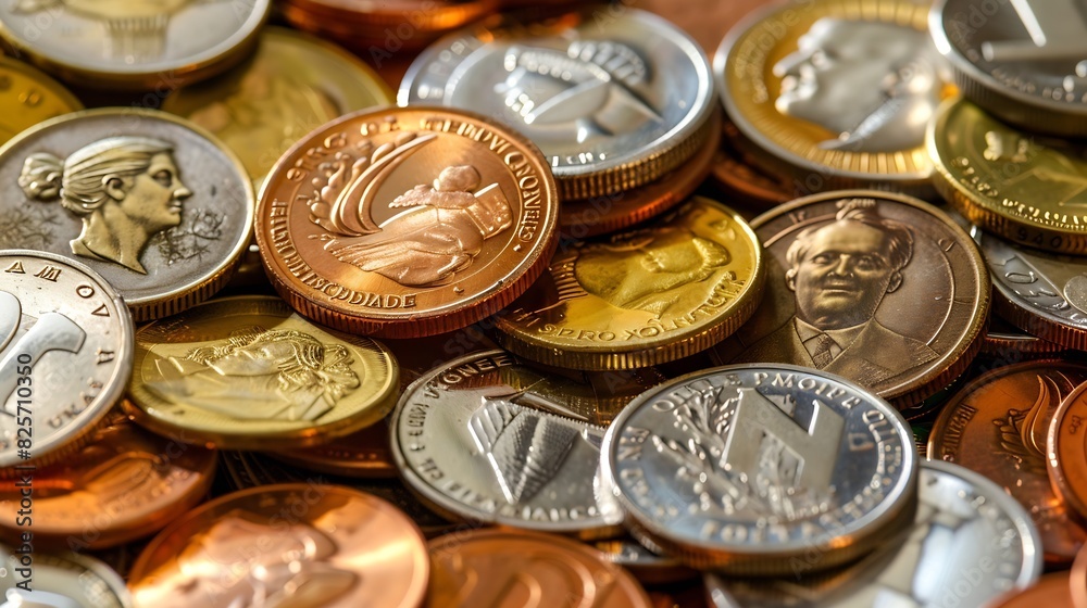 Pile of Golden coin silver coin copper coin quarters nickels dimes pennies fifty cent piece and dollar coins Various USA coins American coins for business money financial coins and eco : Generative AI Pile of Golden coin silver coin copper coin quarters nickels dimes pennies fifty cent piece and dollar coins Various USA coins American coins for business money financial coins and eco : Generative AI