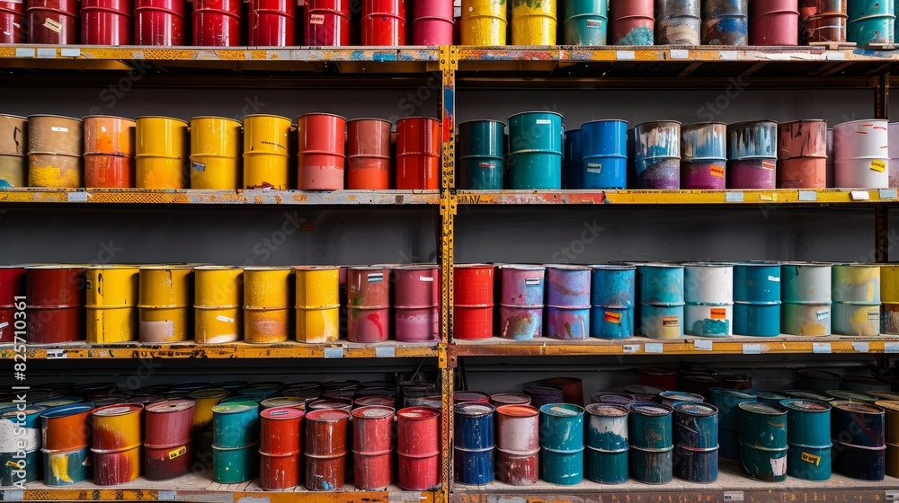 Rows of paint cans on industrial shelves in a storage facility Rows of paint cans on industrial shelves in a storage facility