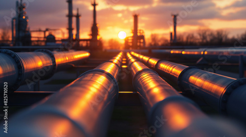 Sunset glow over industrial pipelines at a refinery during evening.