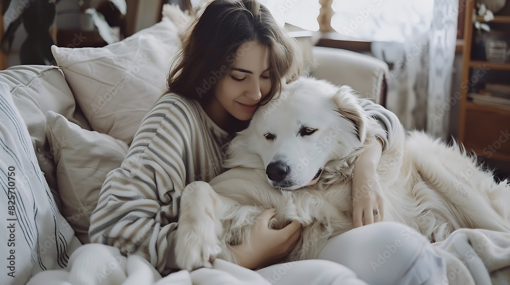 Young pretty woman in casual clothes hugging her beloved big white dog sitting on the sofa in the living room of her cozy country house Animal communication concept : Generative AI Young pretty woman in casual clothes hugging her beloved big white dog sitting on the sofa in the living room of her cozy country house Animal communication concept : Generative AI