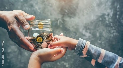 hands of adult and child holding money jar donation saving fundraising charity family finance plan inflation superannuation investment retirement concept : Generative AI photo