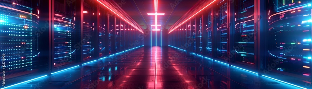 Futuristic server room aisles with glowing lights