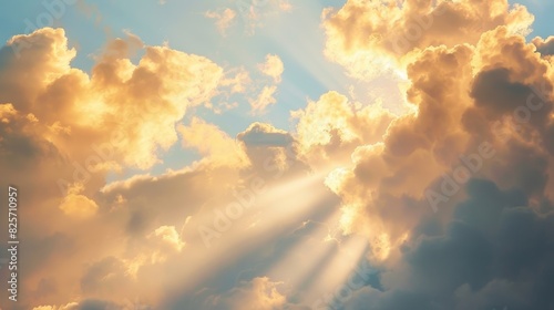 Clouds hang low in the sky with beams of golden crepuscular rays shining through the breaks creating a heavenly and peaceful scene.
