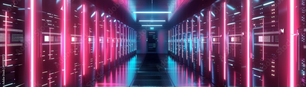 Fototapeta premium Futuristic server room aisles with glowing lights