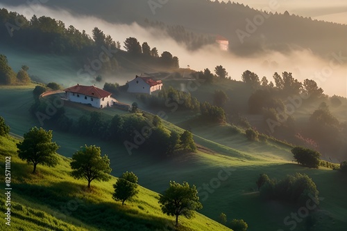 hillside near the village in morning mist. Generative AI  photo