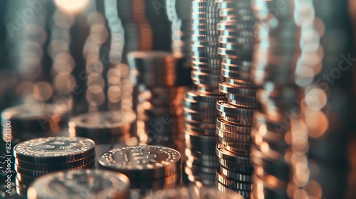 rows of coins and blurred bokeh for finance and banking concept : Generative AI