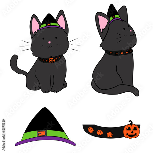 Gato disfraz de Halloween, accesorios de Halloween, ilustración de un gato full color 