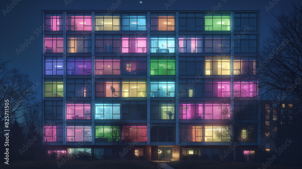Architectural rendering of an apartment building made up entirely of different colored glass blocks, at night with the lights on inside and shining through the windows, glowing in blue, pink colors Architectural rendering of an apartment building made up entirely of different colored glass blocks, at night with the lights on inside and shining through the windows, glowing in blue, pink colors