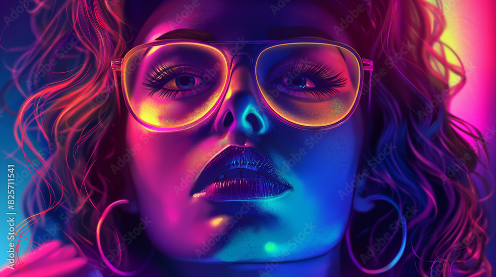 Close up of woman face with sunglasses and with passion on her face and neon colors