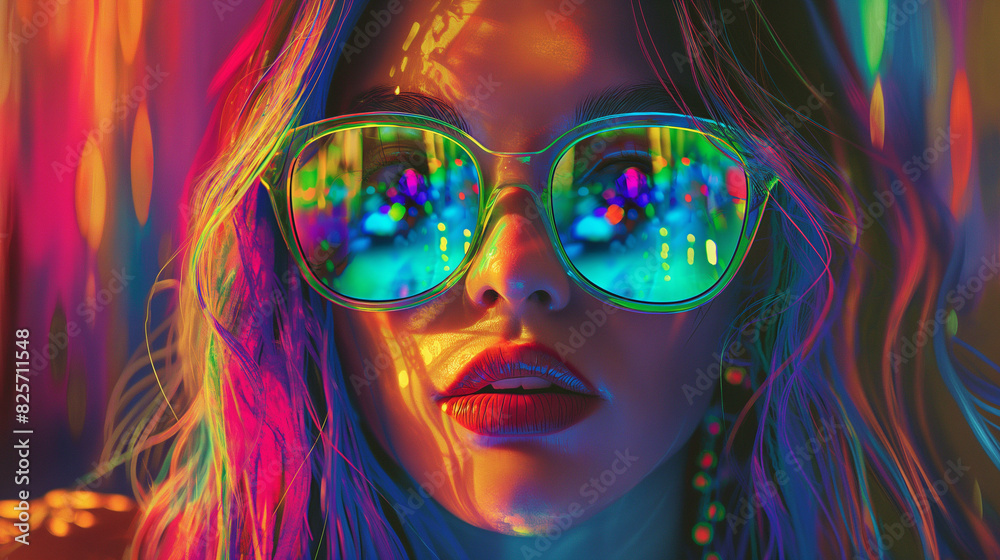 Woman with colorful hair and sunglasses in the style of neon lights Woman with colorful hair and sunglasses in the style of neon lights