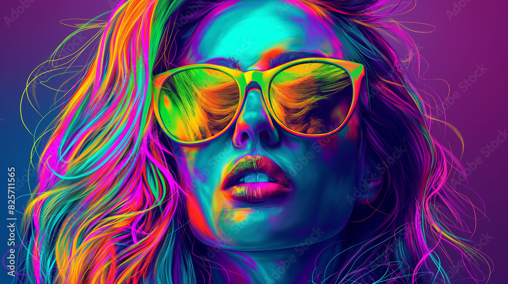 A woman with colorful hair and sunglasses in the style of neon lights A woman with colorful hair and sunglasses in the style of neon lights