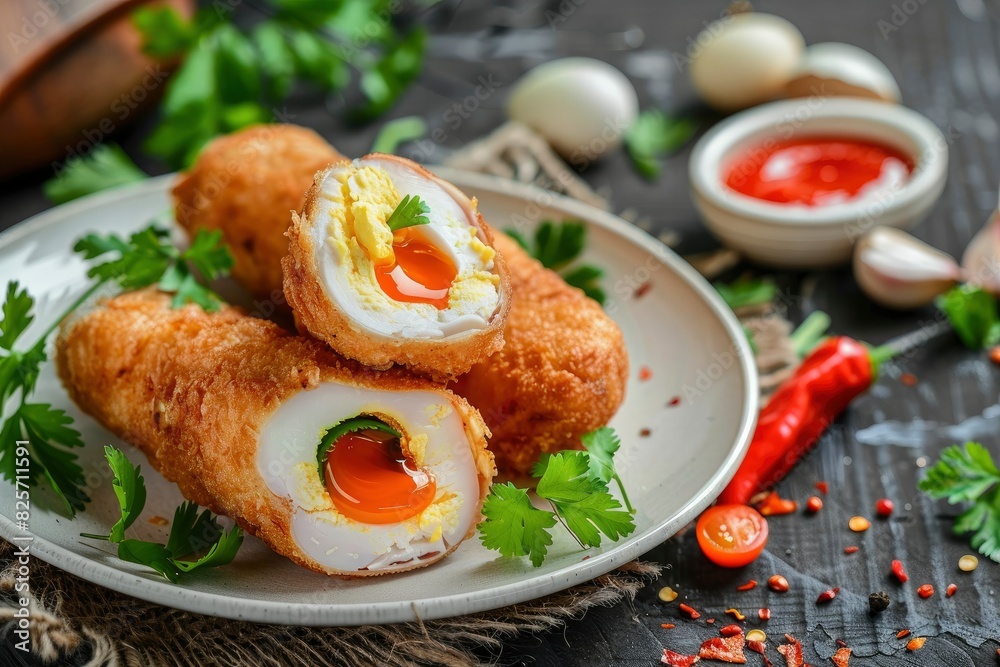 Indonesian Risoles Food with egg and chicken filling , served with chili sauce and coriander leaves in white plate and rustic background - generative ai Indonesian Risoles Food with egg and chicken filling , served with chili sauce and coriander leaves in white plate and rustic background - generative ai