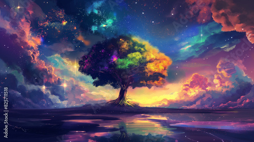 A psychedelic tree of life in the middle, a river flowing through it with vibrant colors and clouds surrounding it
