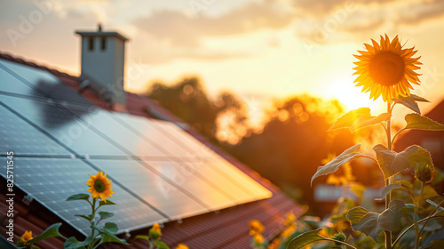 Closeup of photovoltaic panels on the roof, a house in the background with garden and sunflowers at sunset