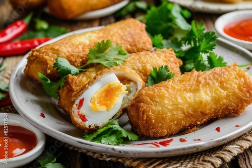 Indonesian Risoles Food with egg and chicken filling , served with chili sauce and coriander leaves in white plate and rustic background - generative ai