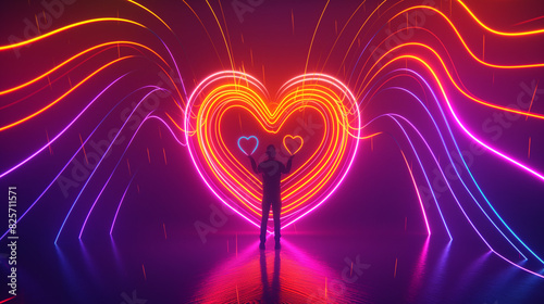 ibrant neon lights form the shape of an orange and pink heart, with colorful sound waves emanating from it