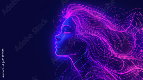 Vibrant neon colors and dynamic lighting effects create an intricate line art portrait of a mythical girl with long hair against a dark background