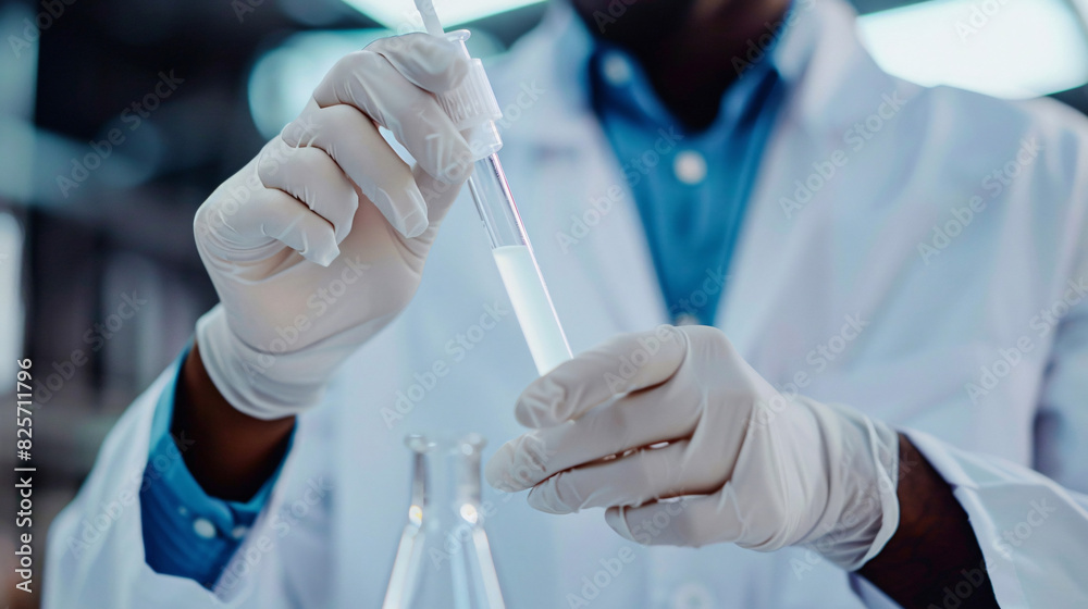 Close-up of a scientist's hands holding a test tube with a solution Close-up of a scientist's hands holding a test tube with a solution