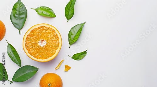 Orange fruit with segment and green leaves isolated on white background : Generative AI photo