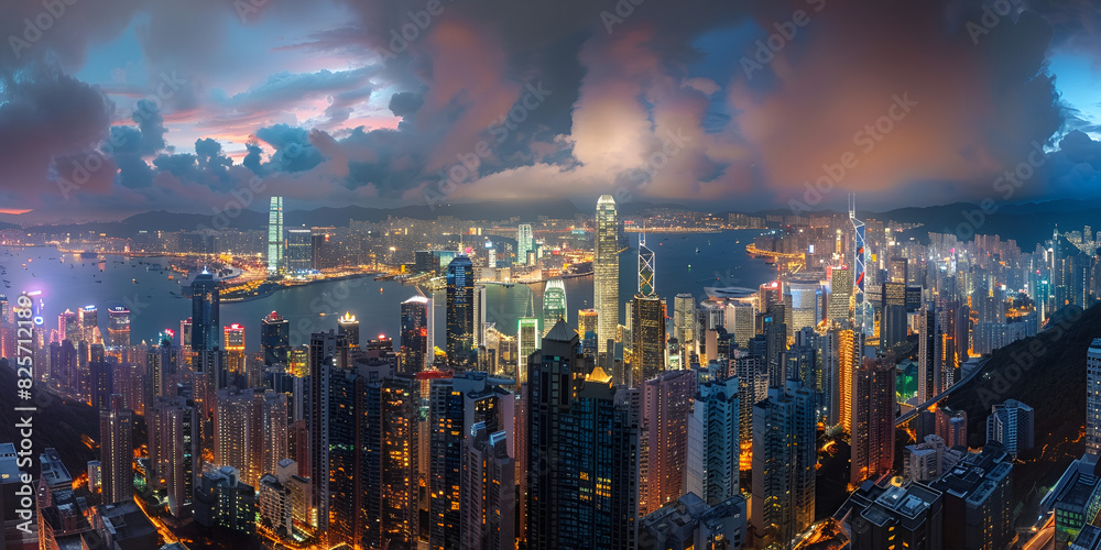 Fototapeta premium Hong Kong Skyline: Urban Nightscape | City Lights and Skyscrapers