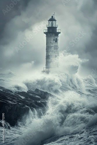 Lighthouse withstands the fury of a stormy sea with fog © Media Srock