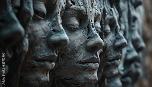 Abstract art of many white faces, resembling statues, offering a captivating blend of beauty and mystery. Dive into the world of abstract expression! 🎨😊 #FaceArt #AbstractBeauty photo