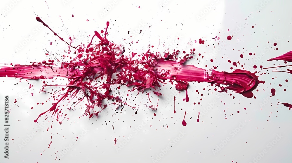 Ruby-colored paint splatters artistically arranged on a pristine white background, showcasing a harmonious blend of color and space