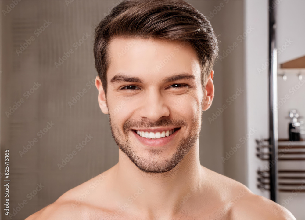 Good looking smiling man standing in bathroom after shower Good looking smiling man standing in bathroom after shower