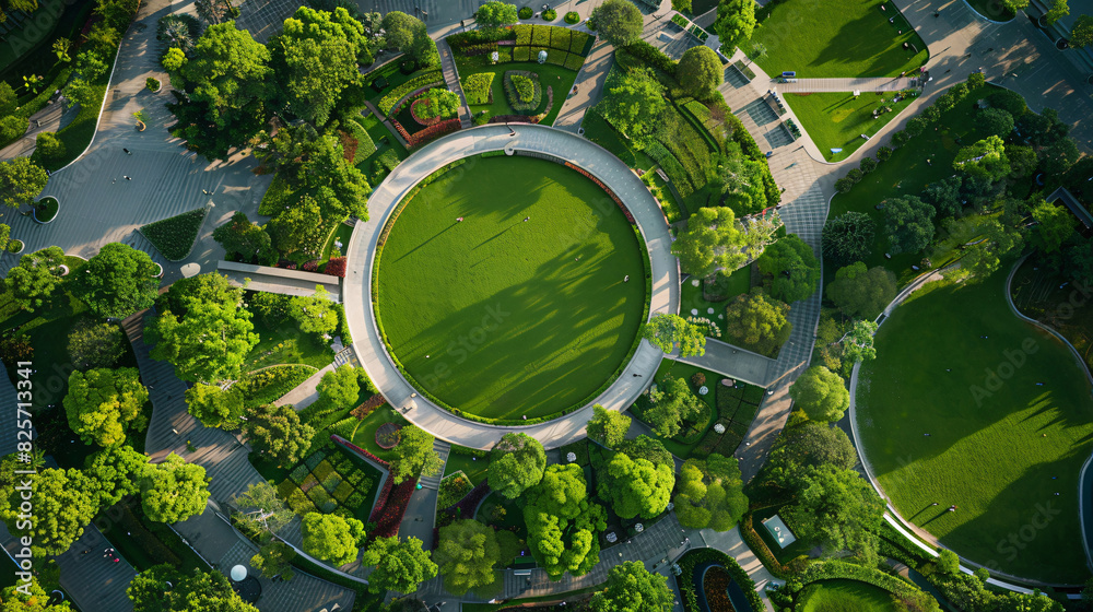 Obraz premium Aerial View of Green Park with Circular Path for Landscape Design with copy space text for social media