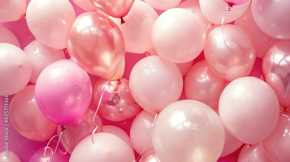 A pile of helium-filled balloons against a backdrop of soft pink, creating a whimsical atmosphere.